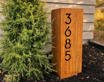 Rusted Metal Address Column - House Numbers Steel Column - Address Numbers Pillar - Modern Address Column with Solar Light