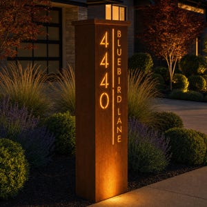 Large Rusted Metal Address Column  - Address Numbers Pillar - Modern Address Column with Solar Light