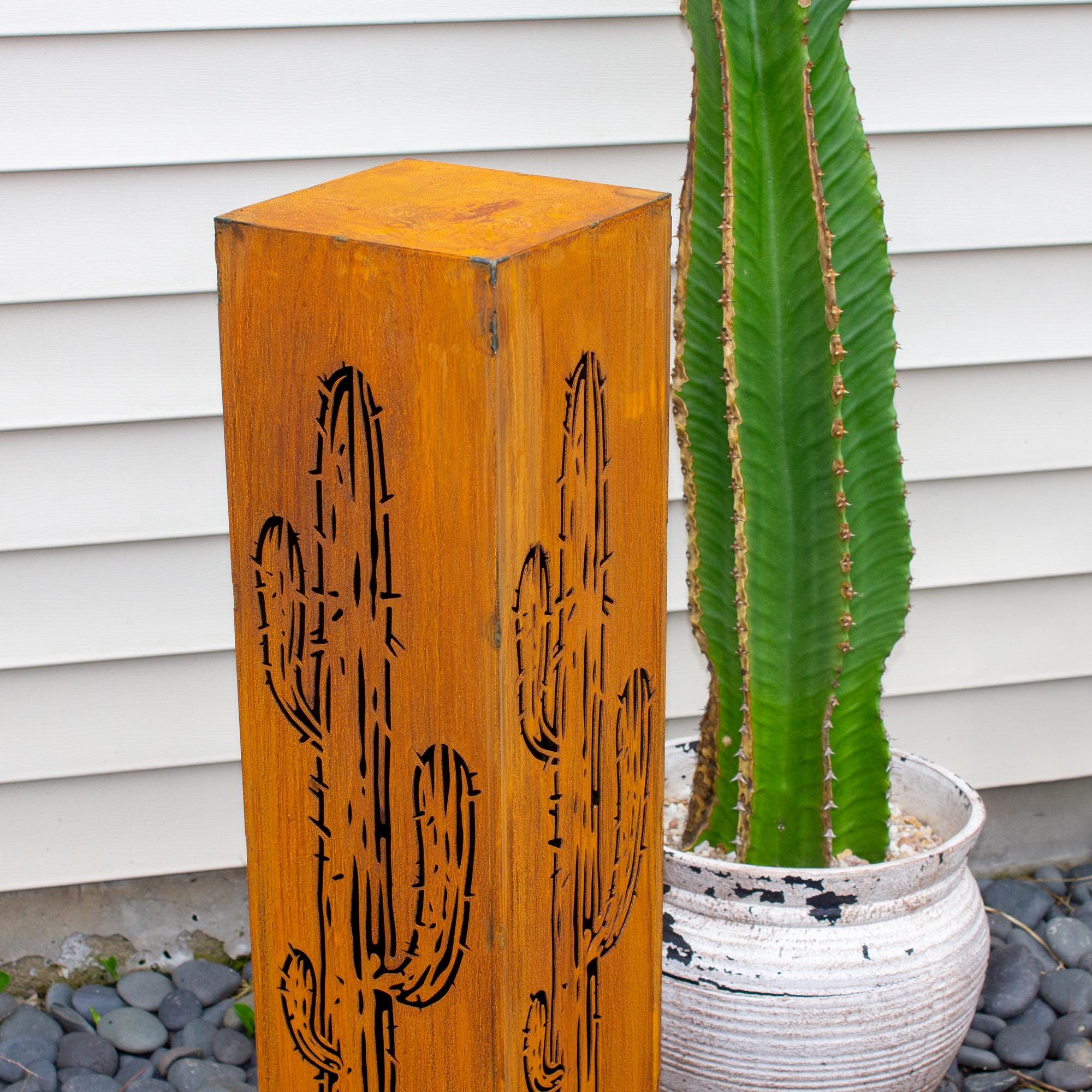 Rusted Cactus Garden Column | Southwestern Cactus Art | Rustic Bollard Sculpture Landscape Design