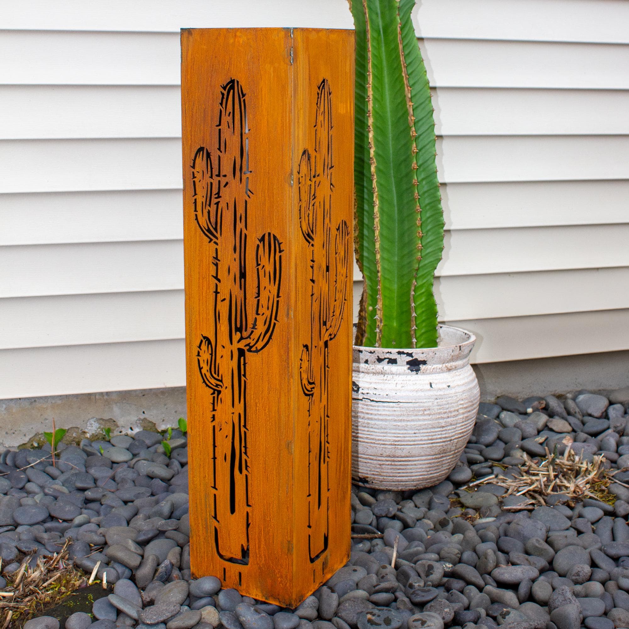 Rusted Cactus Garden Column | Southwestern Cactus Art | Rustic Bollard Sculpture Landscape Design