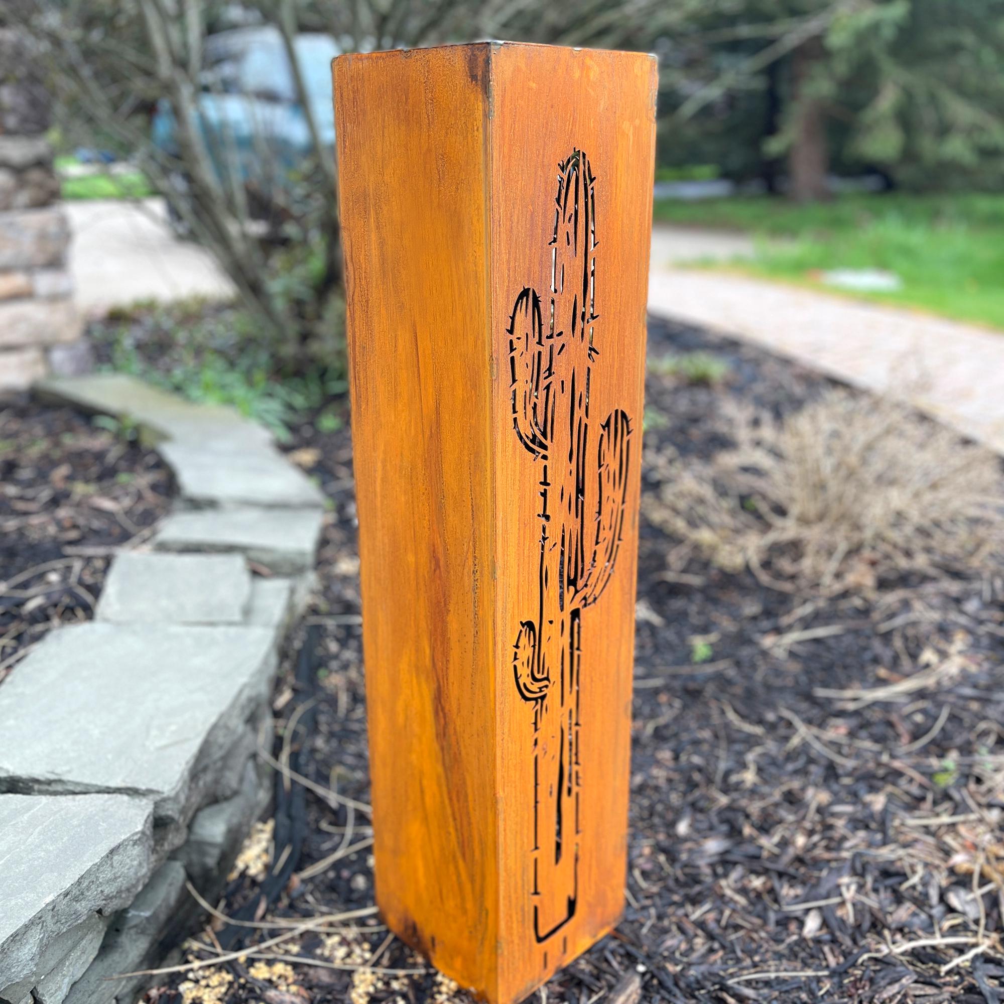 Rusted Cactus Garden Column | Southwestern Cactus Art | Rustic Bollard Sculpture Landscape Design