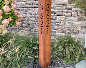 Rusted House Numbers Column Sign | Tall Modern House Address Sign | Address Sign For Driveway