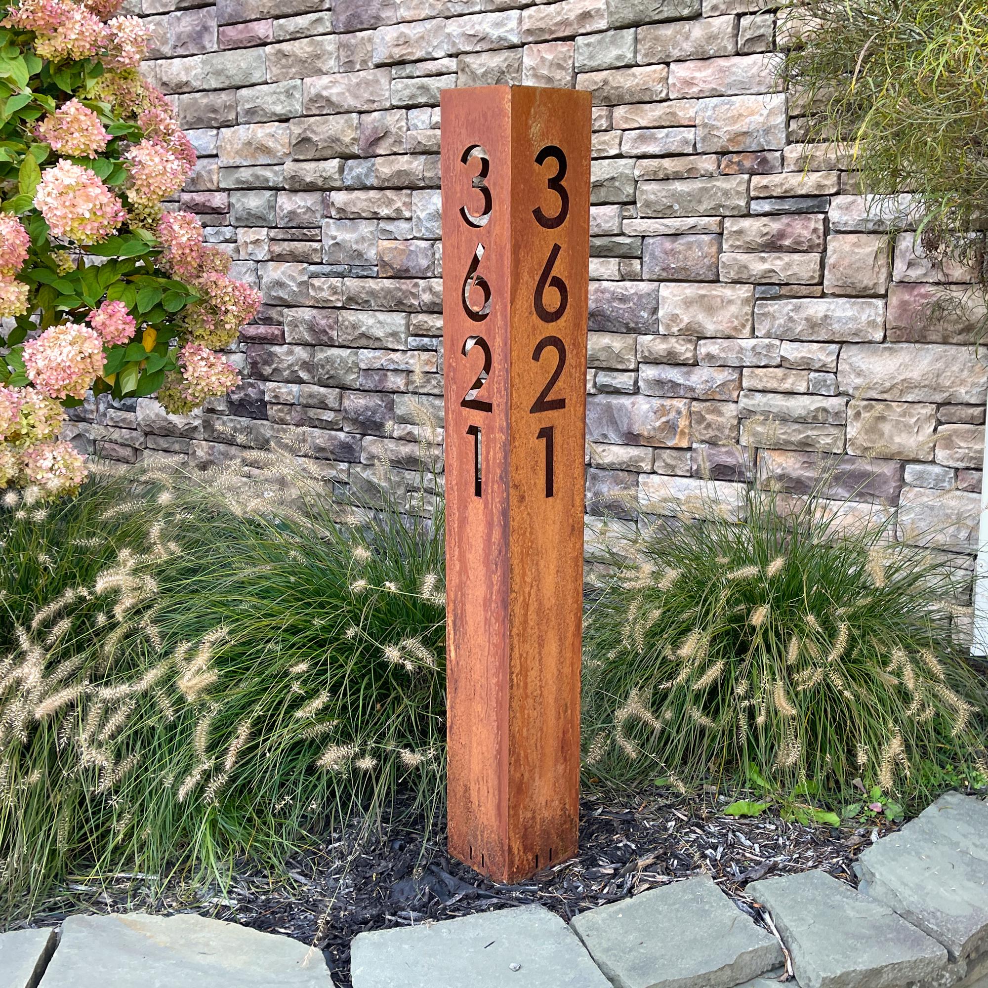 Rusted House Numbers Column Sign | Tall Modern House Address Sign | Address Sign For Driveway