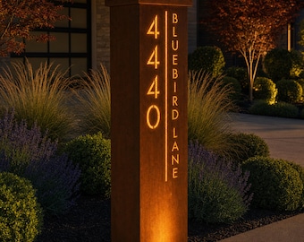 Large Rusted Metal Address Column  - Address Numbers Pillar - Modern Address Column with Solar Light