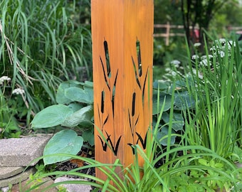 Rusted Metal Garden Column: Cattail Silhouette, Rustic Landscape Sculpture