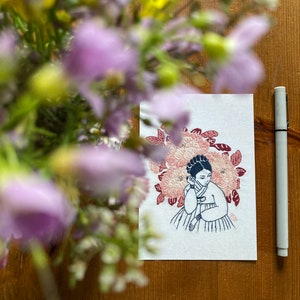 The Peony Woman - 모란 여자 ~ Carte Postale d'une reproduction de Broderie ~ Art Traditionnel  ~ Corée