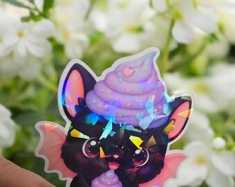 Kawaii Black Bat Sticker • Holographic Dessert Bat, Water Resistant