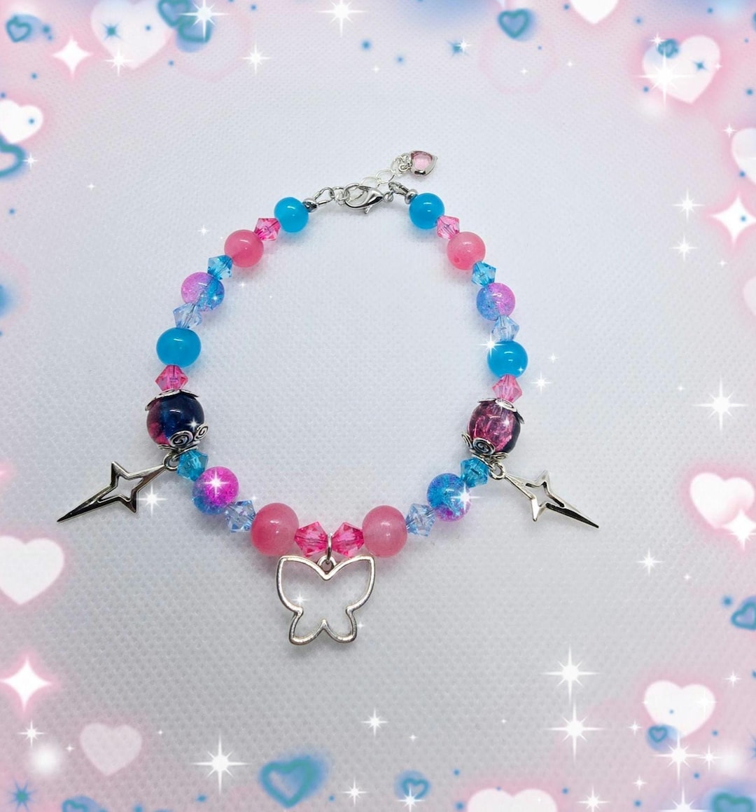Chic Goth Alternative Inspired Pink and Blue Beaded Butterfly and ...