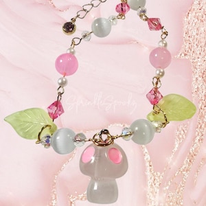 Fairy Core Jewelry Pink & Gold Glow Mushroom Bracelet, Handmade Flower Cottagecore Gift, Adjustable Accessory