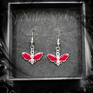 Beautifully Crafted Gothic Death Head Moth Red Earrings for a Unique Goth and Alternative Style