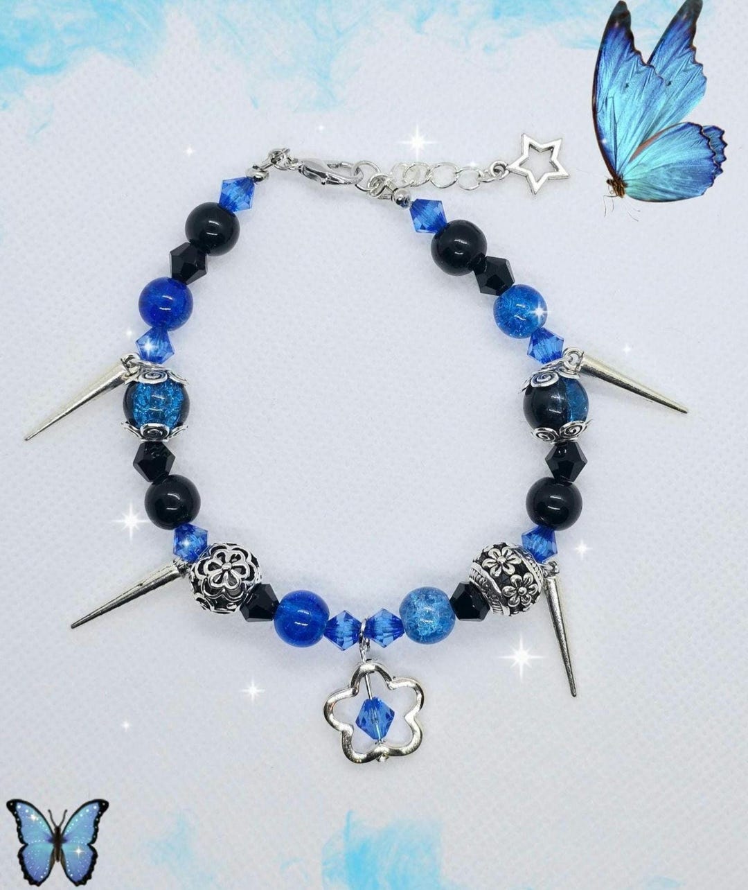Alternative Style Edgy Goth Blue and Black Spike and Flower Charm ...