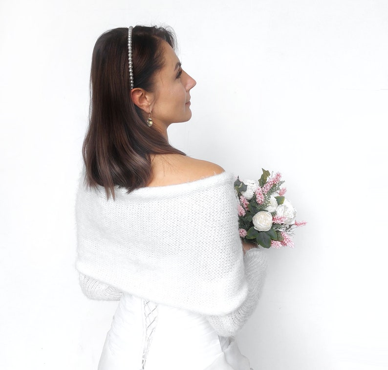 Pull de mariée blanc cassé, haussement d'épaules tricoté, veste de mariage convertible, boléro de mariage, tenue vestimentaire, veste de mariée, écharpe tricotée avec bras image 3