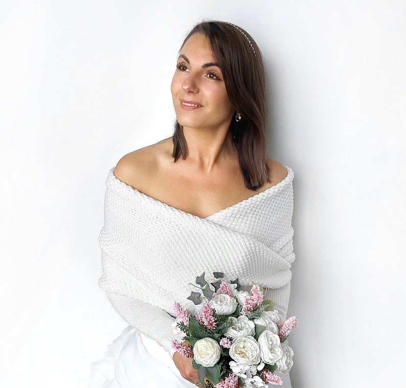 Pull de mariée bambou blanc crème, haussement d'épaules tricoté, veste convertible, boléro de mariage, tenue vestimentaire, veste de mariée, écharpe tricotée avec bras image 3