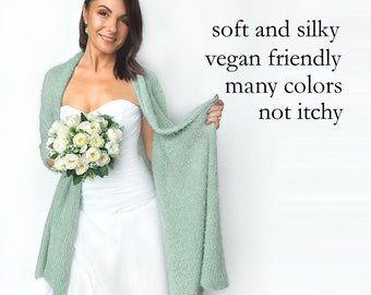 Sage Green Bridal Shawl Not Itchy: Soft Knitted Wedding Stole, Vegan Friendly