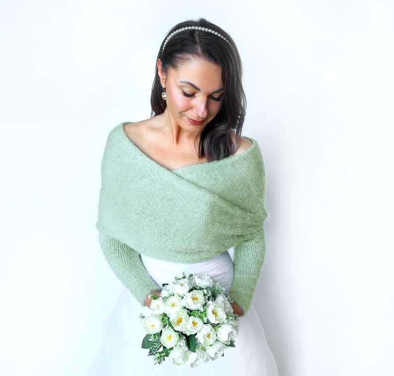 Pull de mariée vert sauge, haussement d'épaules tricoté, veste de mariage convertible, boléro de mariage, tenue vestimentaire, veste de mariée, écharpe tricotée avec bras image 5