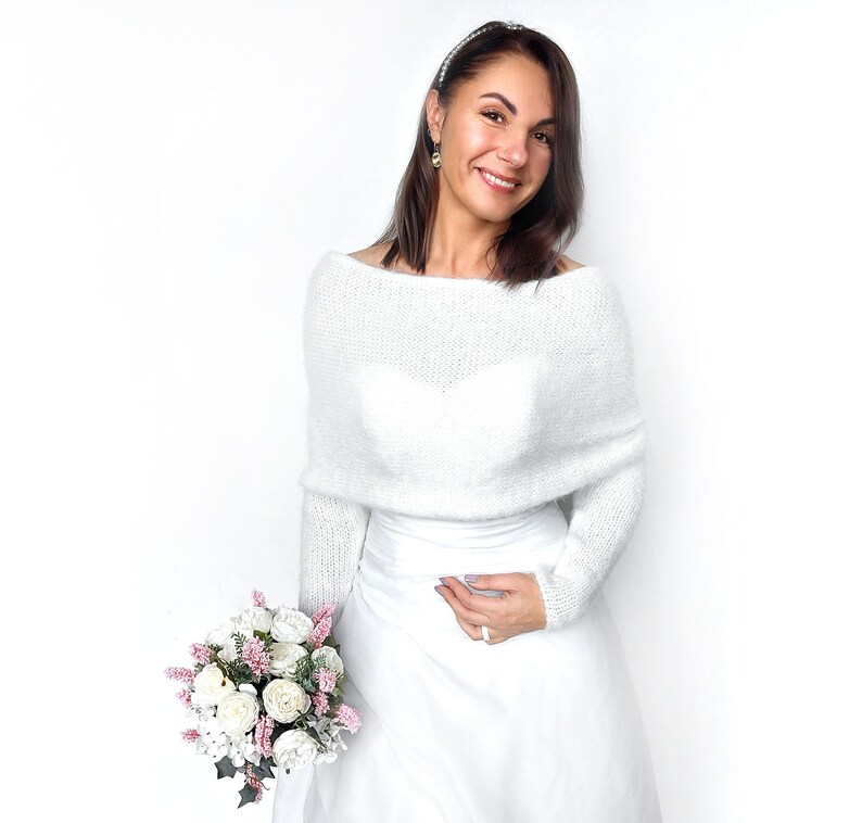 Bridal sweater off white, knitted shrug, convertible wedding jacket, wedding bolero, cover up, bridal jacket, knitted scarf with arms image 5