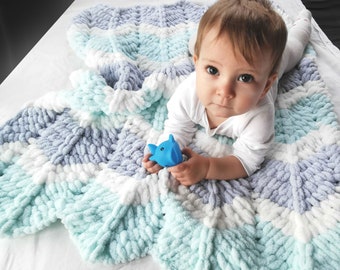 Baby blanket mint gray, puffy baby blanket, newborn blanket, baby shower gift, knitted baby blanket, for stroller, for kids, bedding blanket