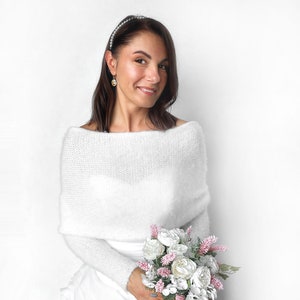 Pull de mariée blanc cassé, haussement d'épaules tricoté, veste de mariage convertible, boléro de mariage, tenue vestimentaire, veste de mariée, écharpe tricotée avec bras image 6