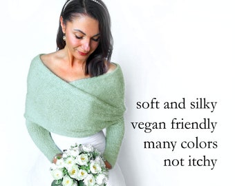 Soft Sage Green Knitted Bridal Shrug: Convertible Knit Wedding Bolero Jacket for Bridesmaid