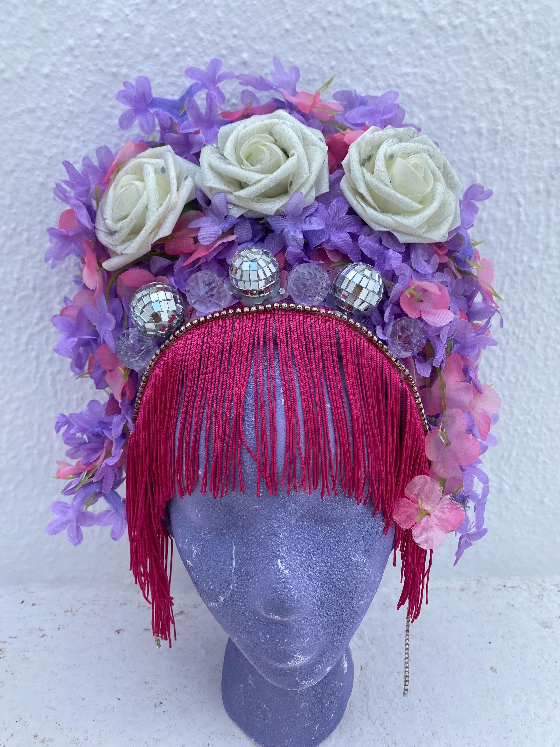 Handmade Disco Headpiece with Purple Pink Flower Headdress with White Roses, Disco Balls, Diamonds, Pink Tassels Festival Party Crown unique