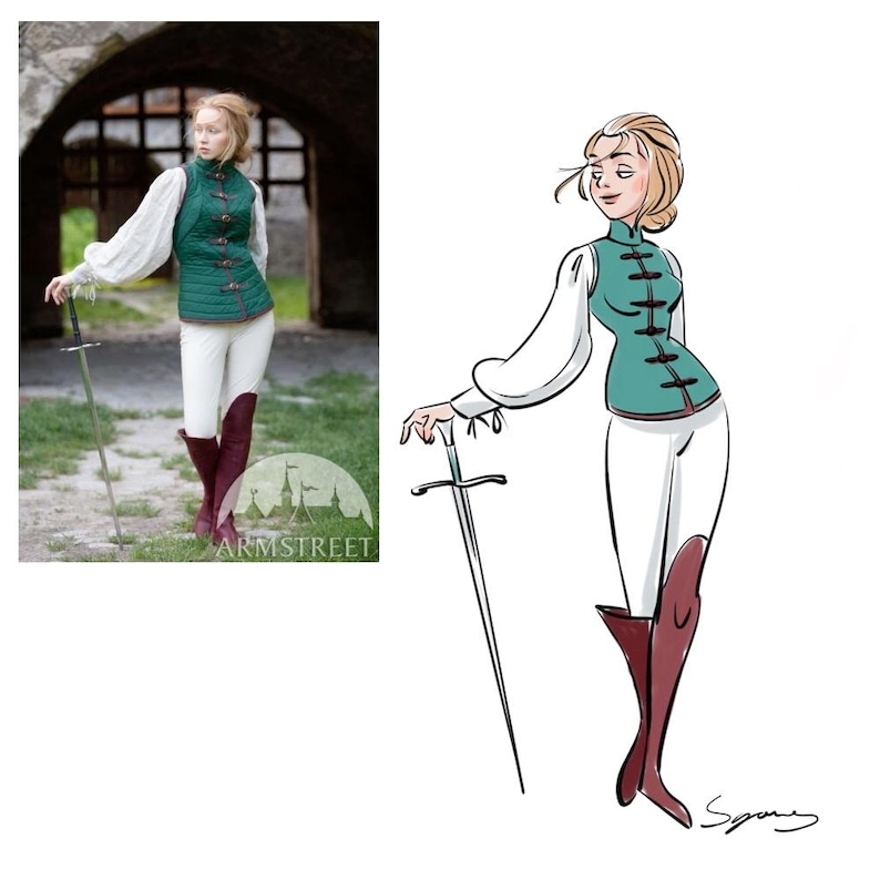 May include: A woman in a green and white medieval-style outfit holds a sword. She is wearing a green quilted vest with brown leather accents, a white blouse with puffed sleeves, white trousers, and brown boots. The background is a stone archway.
