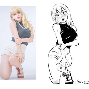 May include: A black and white line drawing of a woman with long hair wearing a sleeveless top and shorts. She is posing with her hands on her hips and her legs crossed.
