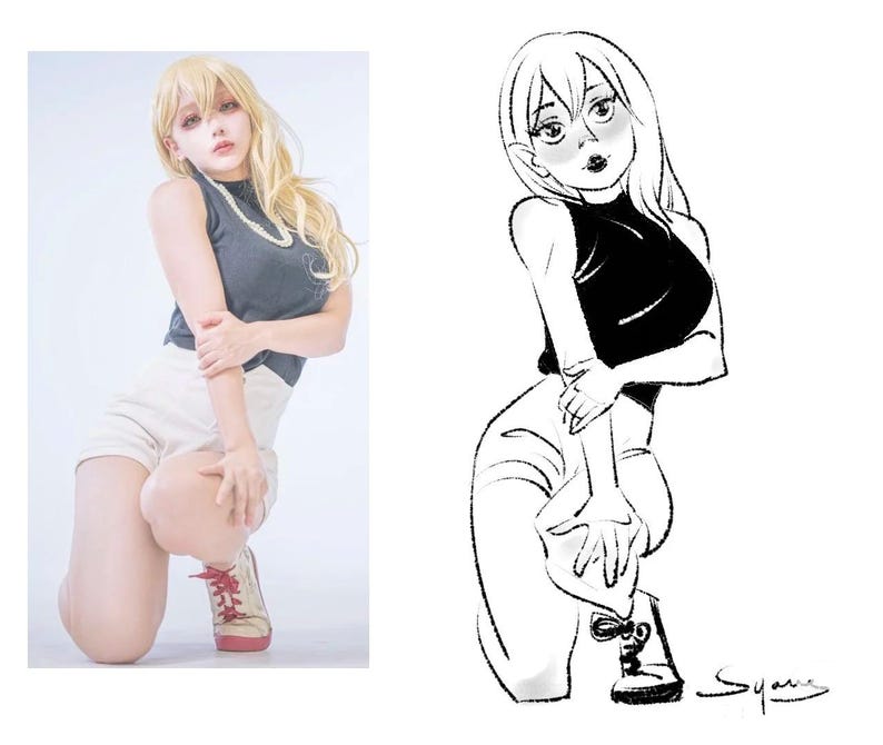 May include: A black and white line drawing of a woman with long hair wearing a sleeveless top and shorts. She is posing with her hands on her hips and her legs crossed.