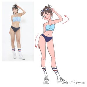 May include: A cartoon illustration of a person wearing a blue and white striped swimsuit, white trainers, and white socks with red and blue stripes. The person is wearing sunglasses and has their hand on their hip.