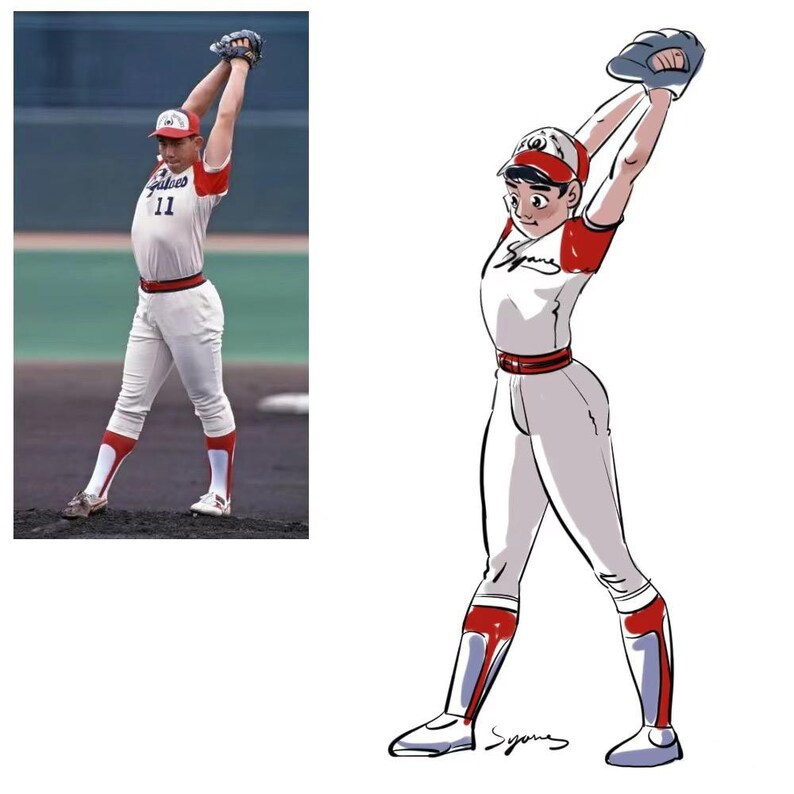 May include: A cartoon illustration of a baseball player wearing a white and red uniform with the word "Giants" on the front. The player is stretching their arm and holding a baseball glove.