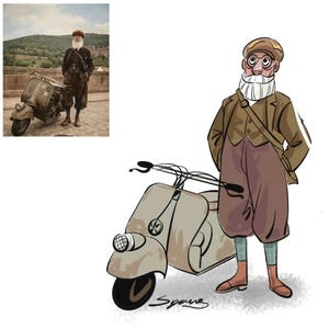May include: A cartoon illustration of a man wearing a brown jacket, a white scarf, and a brown hat standing next to a vintage scooter. The scooter is light grey with a brown seat.