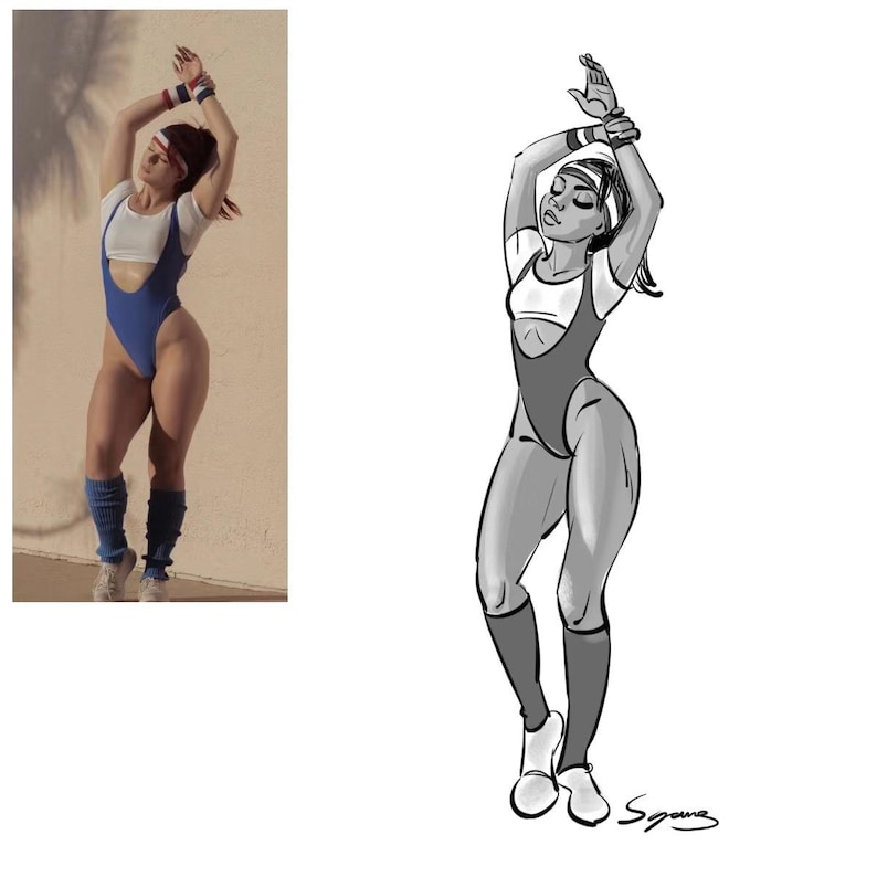 May include: A black and white line drawing of a woman wearing a white and blue leotard, black leg warmers, and a headband. She is posing with her arms raised above her head.