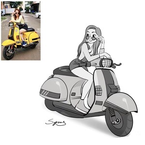 May include: Black and white cartoon illustration of a person wearing sunglasses riding a scooter. The scooter has a grey body and black wheels.