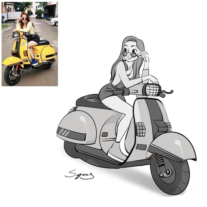 May include: Black and white cartoon illustration of a person wearing sunglasses riding a scooter. The scooter has a grey body and black wheels.