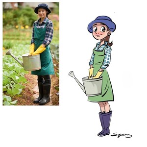 May include: A cartoon illustration of a person wearing a green apron, blue hat, and yellow gloves holding a watering can. The person is standing in a garden.