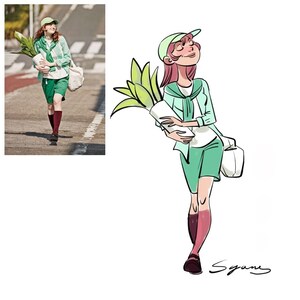 May include: A cartoon illustration of a person wearing a green shirt, green shorts, and a white hat, holding a potted plant and a white bag.
