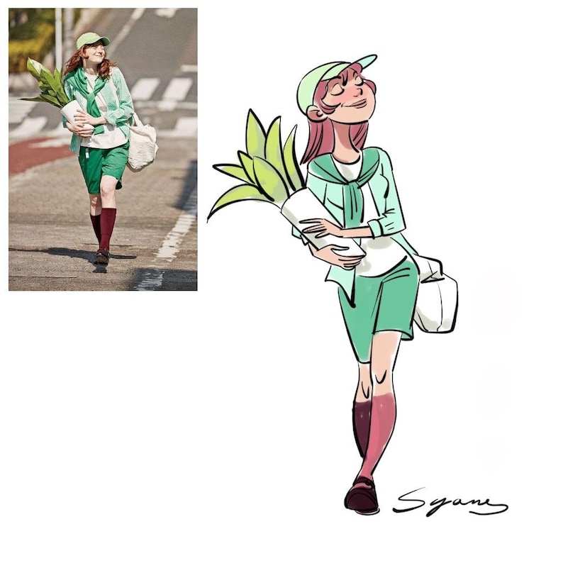 May include: A cartoon illustration of a person wearing a green shirt, green shorts, and a white hat, holding a potted plant and a white bag.