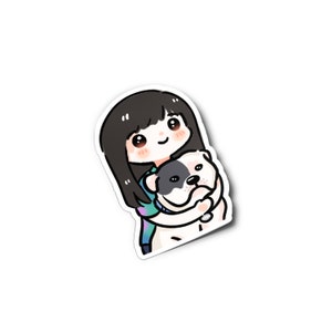 K&ouml;nnte beinhalten: Eine Cartoon-Illustration einer Person mit langen schwarzen Haaren, die einen wei&szlig;en und schwarzen Hund umarmt. Die Person tr&auml;gt ein blaues und gr&uuml;nes Hemd.