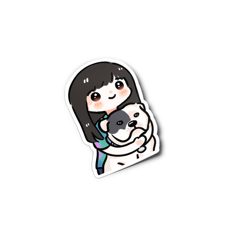 K&ouml;nnte beinhalten: Eine Cartoon-Illustration einer Person mit langen schwarzen Haaren, die einen wei&szlig;en und schwarzen Hund umarmt. Die Person tr&auml;gt ein blaues und gr&uuml;nes Hemd.