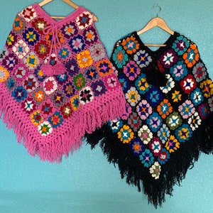 Poncho Shawl Granny Pattern Square Patch Wrap One Size Winter Cape with Fringe Boho Hippie Men’s Women’s Gift Gifts FREE FAST SHIPPING!