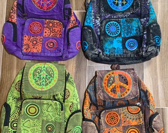 Hobo Backpack With Colorful Patchwork Hippie Peace Sign Backpack Peace Sign Backpack Backpack With Peace Signs And Multicolor Designs