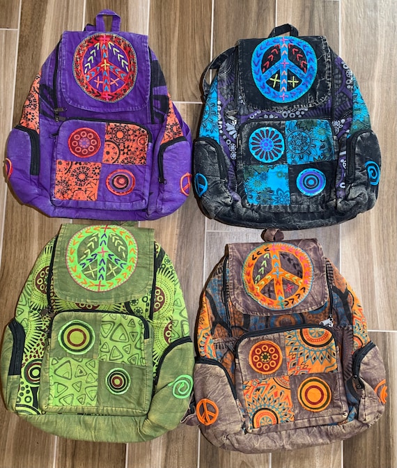 Cotton Stonewashed Peace Backpack Beach Travel Festival Hiking School  Rucksack Hippie Bag Yoga Purse Men's Women's Gift Gifts FAST SHIPPING 