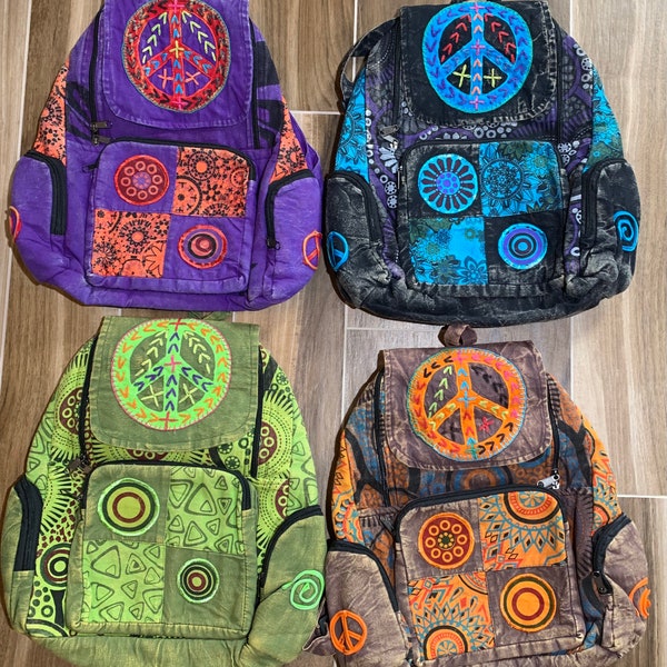 Cotton Stonewashed Peace Backpack Beach Travel Festival Hiking School Rucksack Hippie Bag Yoga Purse Men's Women's Gift Gifts FAST SHIPPING!