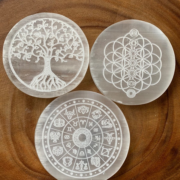 Selenite Charging Plate Chakra Flower of Life Zodiac Horoscope Tree of Life Crystal Grid Essentials Slab Tile Coaster 3-3 1/2 inch Disk Gift