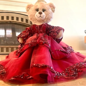 Quinceanera Princess Bear/Doll with Burgundy sequined layered Dress/Custom Dress