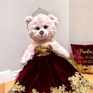 Quinceanera Princess Bear/Doll with Burgundy Velver dress with gold trim/Custom Dress
