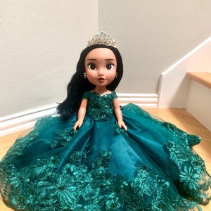 Quinceanera Princess Bear/Doll with Green  layered and embroidered floral Dress with train and bow/Custom Dress