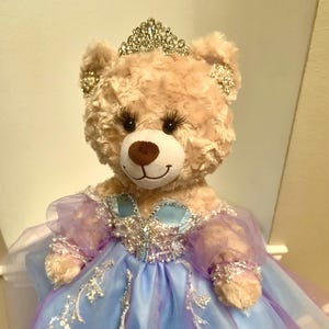Quinceanera Princess Bear/Doll with  Two tone light blue/lavender whimsical dress with clear sparkling beads/ Custom made