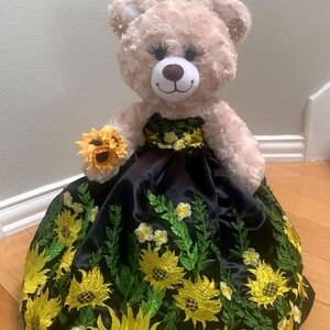 Quinceanera Princess Bear/Doll with black dress with embroidered sunflowers.