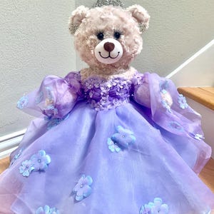 Quinceanera Princess Bear/Doll with two tone light blue/lilac garden/fairy theme  dress with flowers and long wide  sleeves.