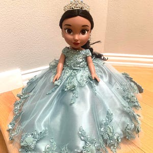 Quinceanera Princess Doll/Bear with Sage dress with 3D floral appliques and layered train.